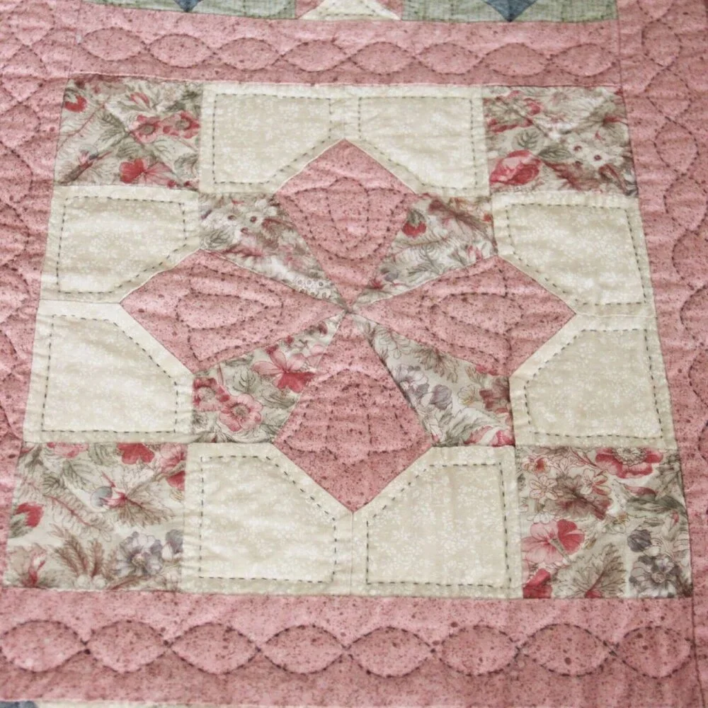 Vintage 80's/90's Completely Handmade Hand Stitched Quilt Pink Squares 87L x 60W